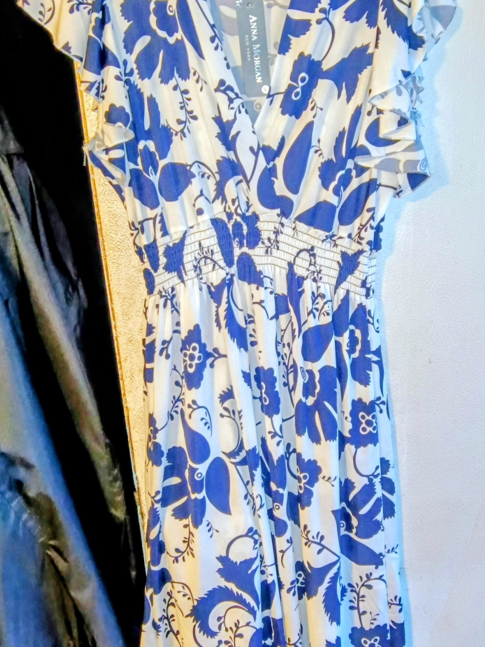 Anna Morgan Blue White Floral Fit & Flare Knee Length Flutter Sleeve Dress